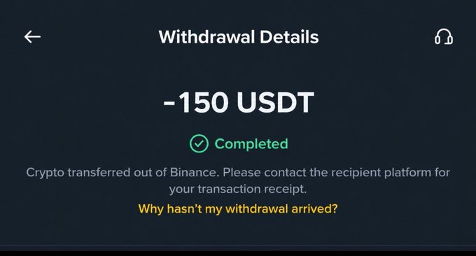 A Binance "Withdrawal Details" screen showing a completed transaction of -150 USDT with the message "Crypto transferred out of Binance." This appears to serve as proof of payment for a giveaway promising $150 to 3 people, likely sent in USDT (a dollar-pegged crypto) to participants' SOL wallets in exchange for follows and retweets.