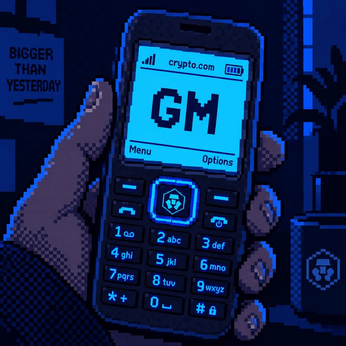 A pixel-art illustration shows a hand holding a Crypto.com-branded feature phone displaying "GM" (Good Morning), with the tagline "BIGGER THAN YESTERDAY" visible in the background—matching the post's "1 new message: GM" notification. The image cleverly ties a classic mobile text-message greeting ("Good Morning") to the crypto community's popular "GM" social media rallying cry.