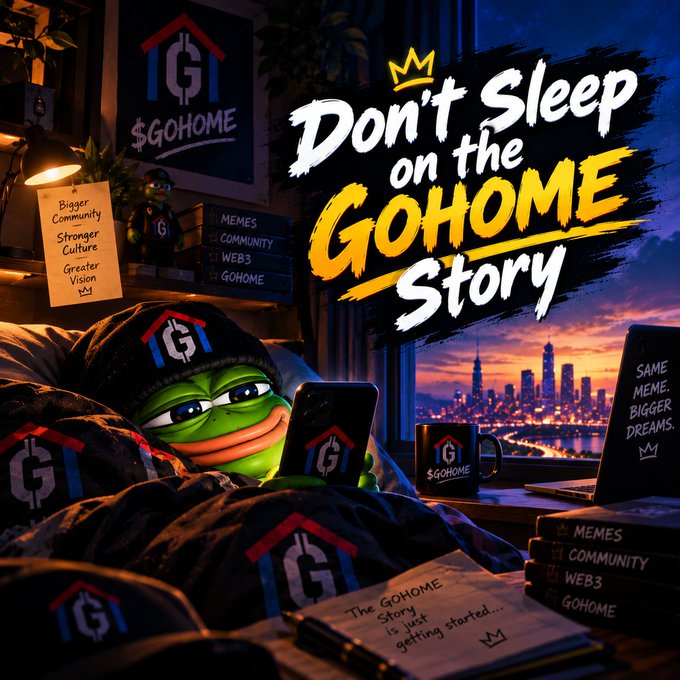 Promotional graphic for $GOHOME featuring a Pepe-style character in a beanie using a smartphone, with text 'Don't Sleep on the GOHOME Story' alongside a cityscape at sunset and notes about memes, community, web3, and $GOHOME.