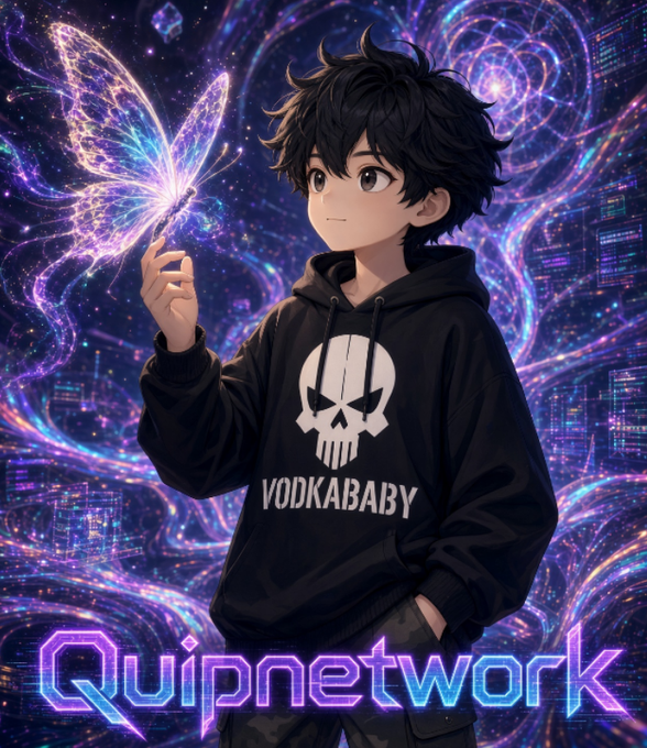 An anime-style illustration of a young boy wearing a skull hoodie labeled 'VODKABABY' holding a glowing purple butterfly wand, with 'Quipnetwork' written in neon-style text at the bottom against a cosmic background.