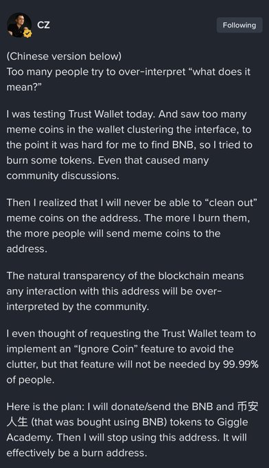 A screenshot of a statement from CZ explaining his reasoning behind burning meme coins, discussing Trust Wallet and his plan to donate BNB and BUSD to Giggle Academy.