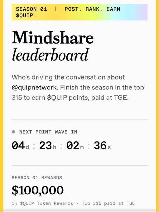 A screenshot of a webpage containing information about Quip Network's campaign for the week ending 4 days from today. The main text focuses on QuipNetwork transforming quantum computers into a distributed network, with a reference to the scary Quantum computers and an interesting connection between them. The image provides details about this campaign such as $100,000 in token rewards awaiting users who stay consistent through the campaign.
