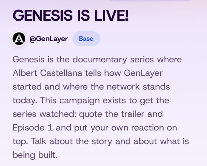A social media post from @GenLayer announces 'GENESIS IS LIVE!', describing a documentary series by Albert Castellana about how GenLayer started, on the Base network.