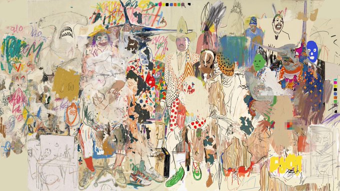 A colorful, chaotic mixed-media artwork featuring numerous sketched figures and faces with vibrant paint splatters.
