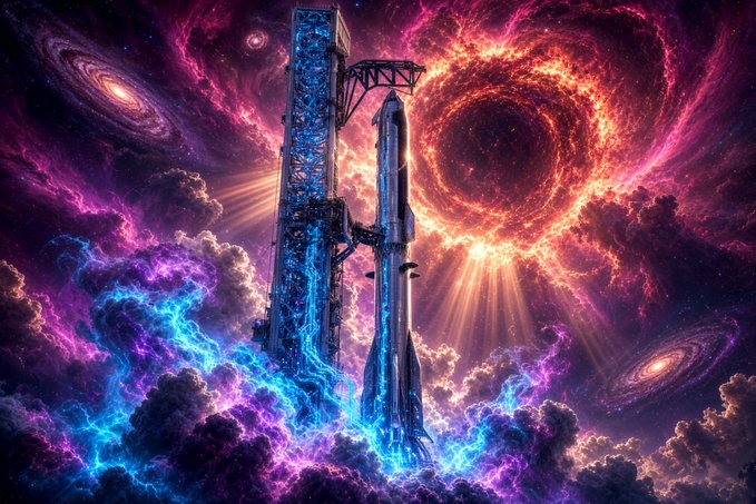 A digital illustration depicting a futuristic rocket and launch tower surrounded by vibrant purple and pink cosmic clouds, with a glowing fiery portal and swirling galaxies in the background.