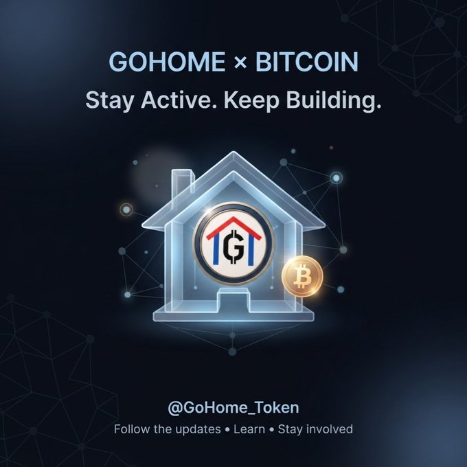 A promotional graphic for GOHOME × BITCOIN featuring a stylized house icon containing a logo, accompanied by a Bitcoin coin, with the tagline 'Stay Active. Keep Building.' and the handle @GoHome_Token.
