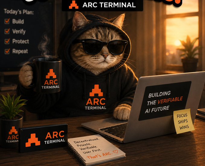 A promotional image featuring a cat wearing sunglasses and a hoodie, surrounded by 'ARC TERMINAL' branding, with a checklist reading 'Build, Verify, Protect, Repeat' and a laptop displaying 'BUILDING THE VERIFIABLE AI FUTURE'.