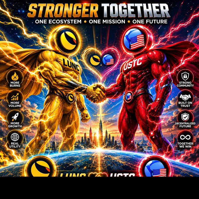 A superhero-themed promotional graphic titled 'STRONGER TOGETHER' showing costumed figures labeled LUNC and USTC shaking hands, with features like 'MORE BURNS', 'MORE GROWTH', and 'TOGETHER WE WIN'.