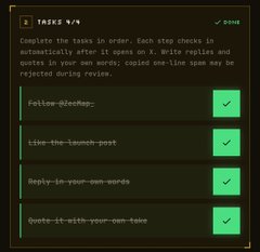 A "TASKS N/N" checklist interface displays four completed items including "Follow-@AzmaRp" and "Like-the-launch-post" all marked as DONE.