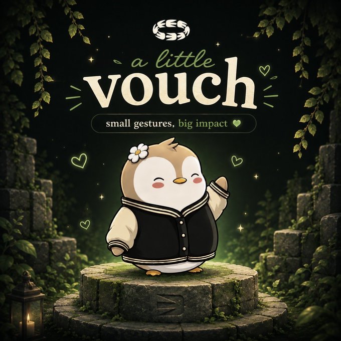A digital illustration featuring a cute penguin wearing a varsity jacket standing on stone steps, with the text 'a little vouch - small gestures, big impact' above.
