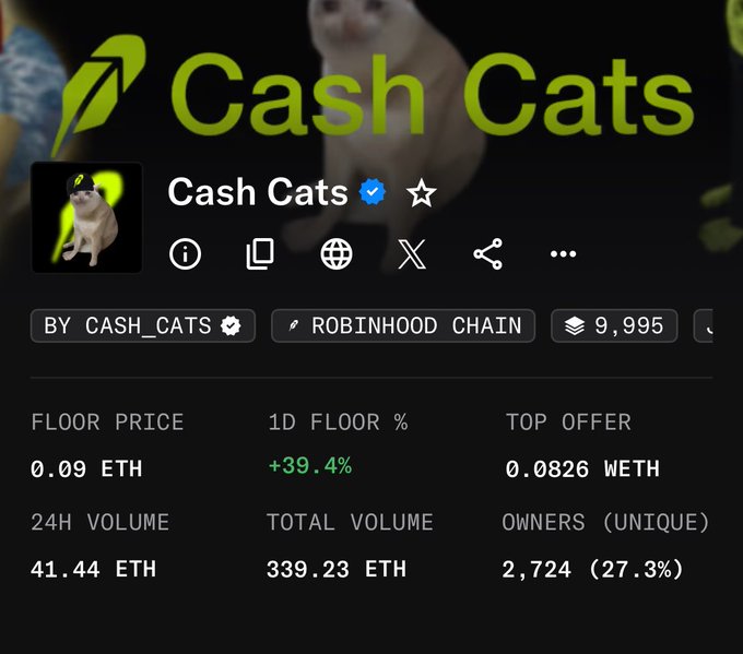 A screenshot of an NFT collection page for "Cash Cats" with a verified checkmark, hosted on Robinhood Chain, showing a floor price of 0.09 ETH (+39.4% in 24h), 24H volume of 41.44 ETH, total volume of 339.23 ETH, and 2,724 unique owners, with a cat image partially visible in the background.