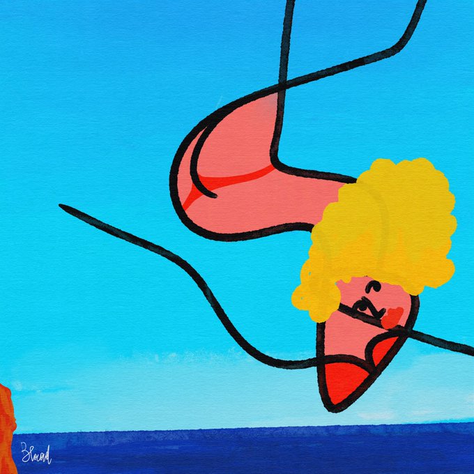 The image features a cartoon depiction of a woman with blonde hair, wearing a red dress, who appears to be diving into the ocean from a cliff. The painting has a blue background that contrasts with the vibrant colors used for the woman's dress and the cliff she is jumping off. The artist's signature can be seen in the bottom right corner of the image.