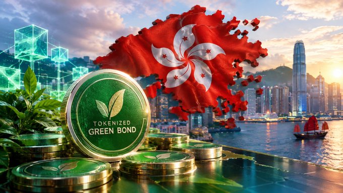 A digital graphic displays a gold coin reading "TOKENIZED GREEN BOND" alongside a red Hong Kong flag shaped like the region, set against a cityscape skyline.