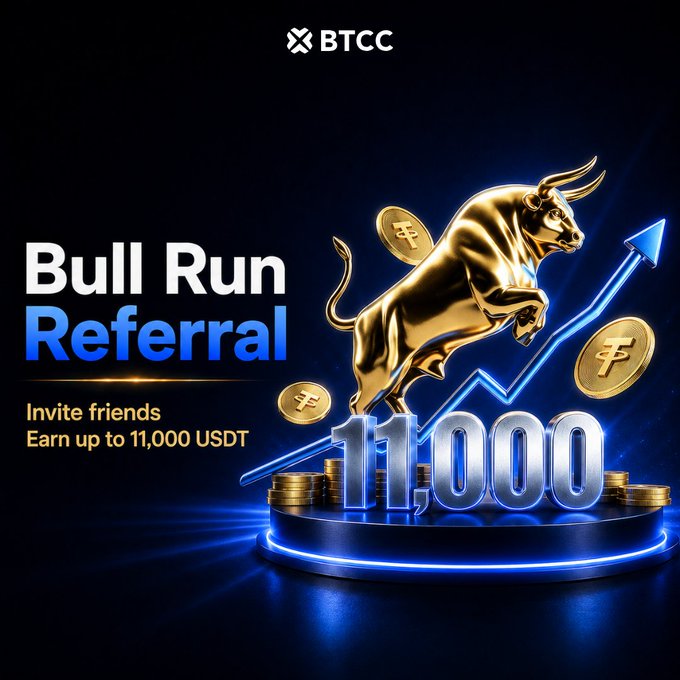 A promotional graphic for BTCC's "Bull Run Referral" program, featuring a golden bull statue leaping over an upward blue arrow with "11,000" displayed prominently, advertising that users can earn up to 11,000 USDT by inviting friends. The post indicates this referral offer is restricted to US and Canada regions.