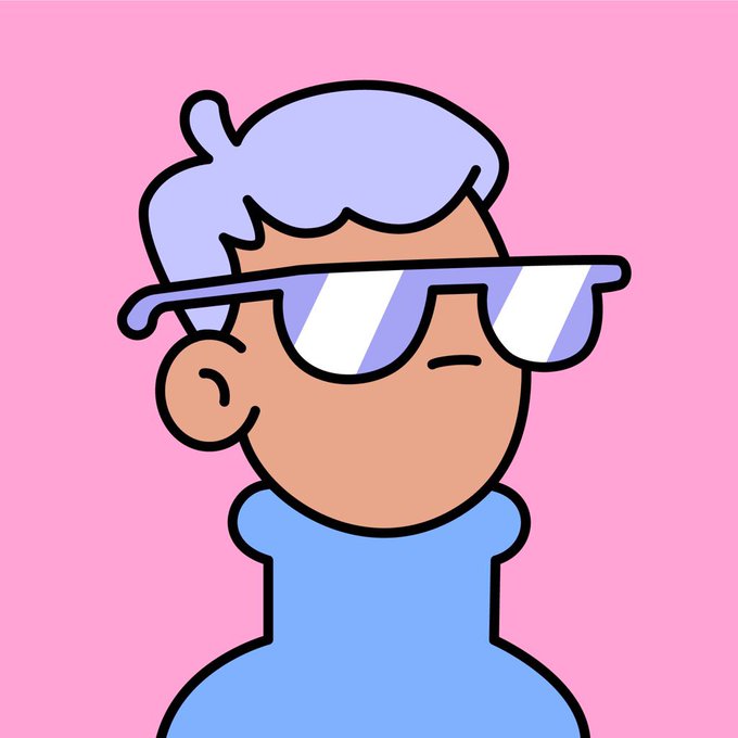 A cartoon illustration of a person with light purple hair wearing reflective sunglasses and a blue hoodie against a pink background.