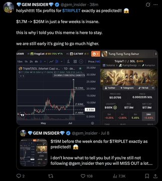 A tweet from "@gem_insider" showcasing TradingView charts of tokens $Tung Tung Tung Sahur and $CATWHI alongside a $STRIPLET price chart, bragging about profiting $1.7M to $26M by predicting $STRIPLET's price movement, while the post text hypes multiple altcoin gainers like $NOCK, $HOODRAT, $TROLL, and $TRIPLET with massive returns.