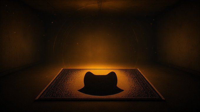 A dark, atmospheric scene features a glowing orange light illuminating a mat on the floor with a shadowy cat silhouette in the center.