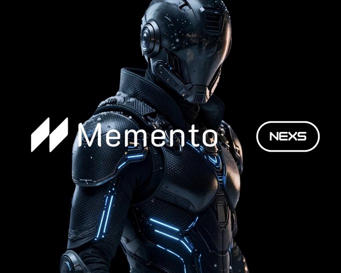 A futuristic armored figure with glowing blue accents stands against a black background, overlaid with the text "Memento" and "NEX5" logos. The image relates to the post by showcasing a high-tech, institutional-grade aesthetic, suggesting $DEXTF's emphasis on utility and serious infrastructure rather than retail hype.