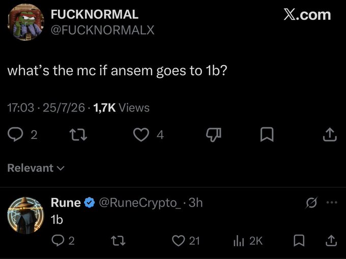 A screenshot of an X post from @FUCKNORMALX asking "what's the mc if ansem goes to 1b?" is shown, with a reply from @RuneCrypto_ simply stating "1b," which the user likely shared as a humorous example of a low-effort, unhelpful comment.