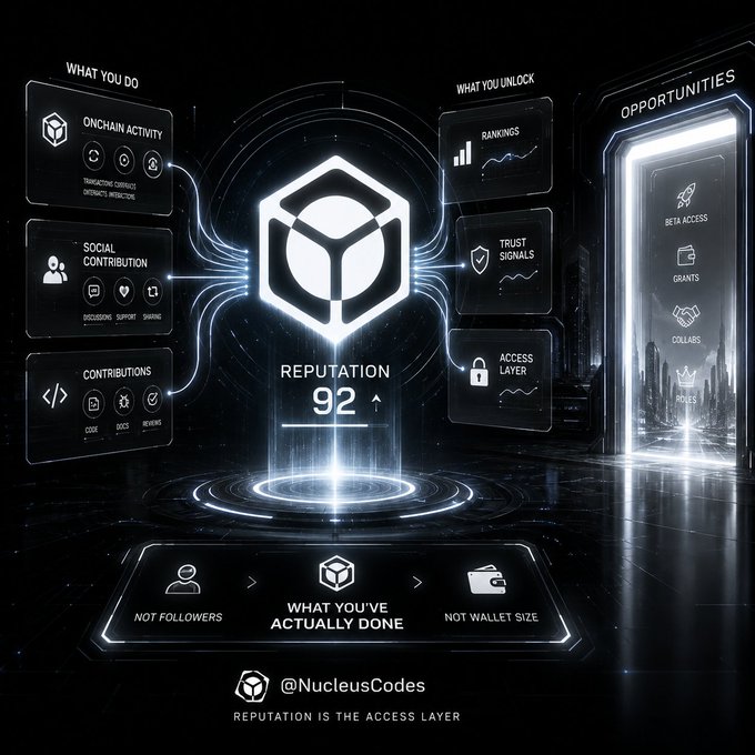 A futuristic infographic from @NucleusCodes displaying a 'Reputation 92' score, showing how on-chain activity, social contribution, and contributions unlock opportunities like beta access, grants, and roles.
