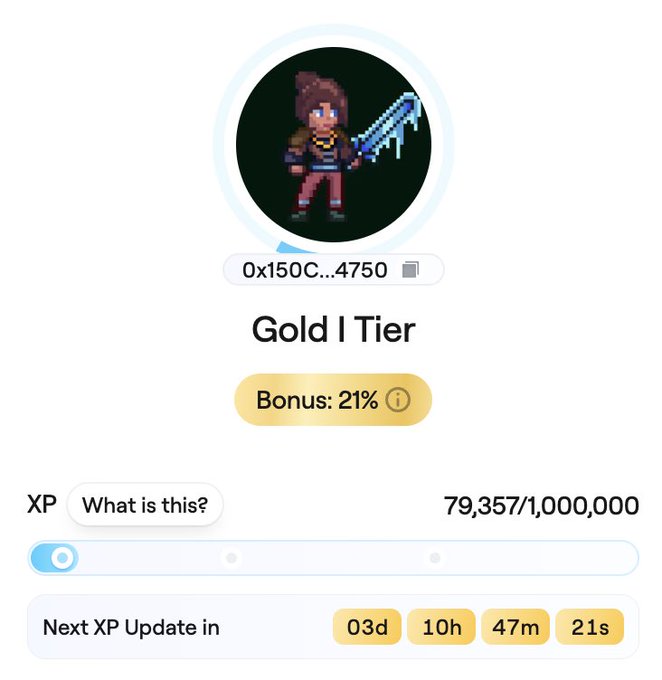 The image shows an XP bar displayed next to information about a gold tier reward, specifically the XP needed to obtain the rare gold tier or gold price. It also indicates that an XP update is available for the XP tier, which might involve a new XP system upgrade. The XP values are described in terms of minutes and hours, indicating how much XP players will accumulate on each system upgrade. The player's goal appears to be to earn enough XP points within the next hour to reach the gold tier, with the XP bar gradually filling up as they progress towards that goal.