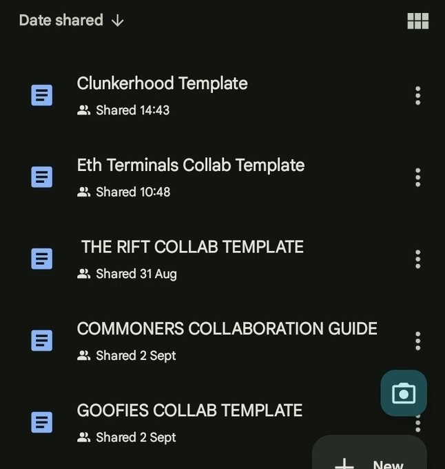 A dark-themed file sharing interface displaying collaboration templates including 'Clunkerhood Template', 'Eth Terminals Collab Template', 'THE RIFT COLLAB TEMPLATE', 'COMMONERS COLLABORATION GUIDE', and 'GOOFIES COLLAB TEMPLATE', sorted by date shared.