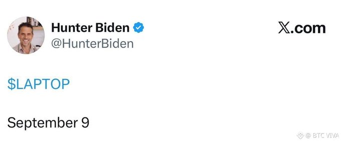 The image shows a screenshot of a verified X (formerly Twitter) post from Hunter Biden (@HunterBiden) dated September 9, containing only the text "$LAPTOP," seemingly announcing the launch of a new memecoin referenced in the accompanying post.