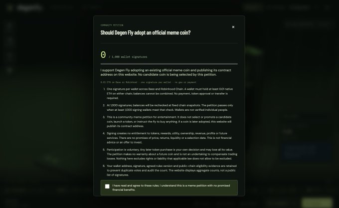 A screenshot of a "Degen Fly" community petition page titled "Should Degen Fly adopt an official meme coin?" showing 0 of 1,000 wallet signatures needed, with the post noting that users can now petition for an official degen fly meme coin.