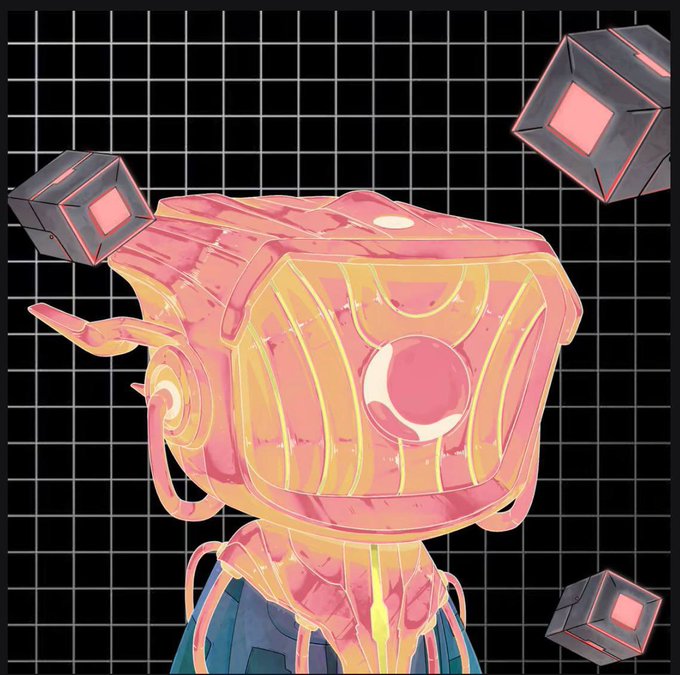 A digital illustration of a translucent pink and yellow robotic figure with a large pink eye, set against a black grid background with floating geometric cubes.