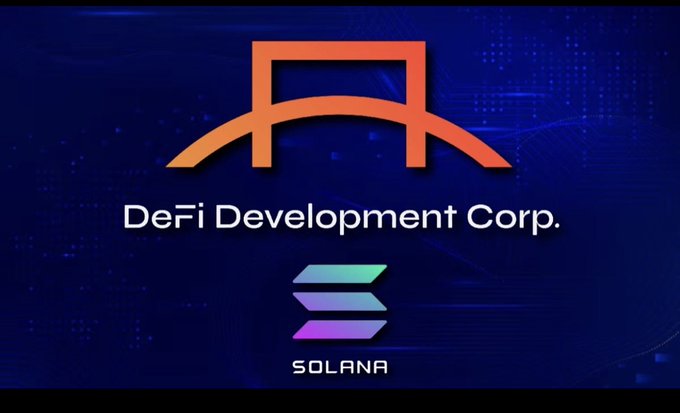 The image displays the "DeFi Development Corp." logo alongside the Solana logo, set against a dark blue background with digital grid patterns. This visual accompanies the announcement that DFDV has expanded its Solana treasury holdings to approximately 2.33 million SOL, reinforcing their significant institutional commitment to the SOL ecosystem.