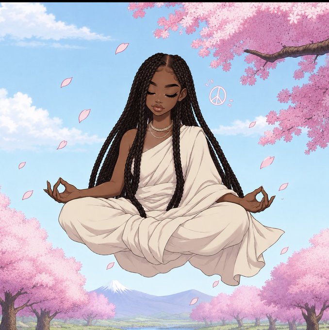 Anime-style illustration of a Black woman with long braids meditating in a white toga while floating amidst pink cherry blossom trees, with a peace sign nearby.