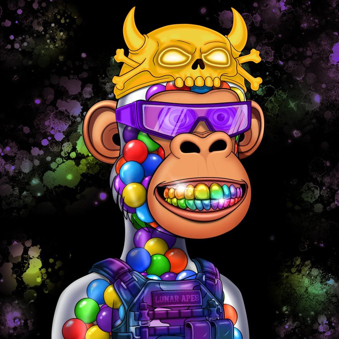 A digital art NFT character featuring a colorful ape-like creature with a yellow horned skull helmet, purple visor, and gumball-filled body, labeled 'LUNAR APES'.