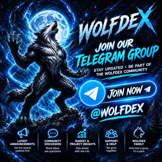 A promotional graphic for 'WOLFDEX' featuring a werewolf howling at a moon, inviting viewers to 'JOIN OUR TELEGRAM GROUP' with a 'JOIN NOW' button and @WOLFDEX handle.