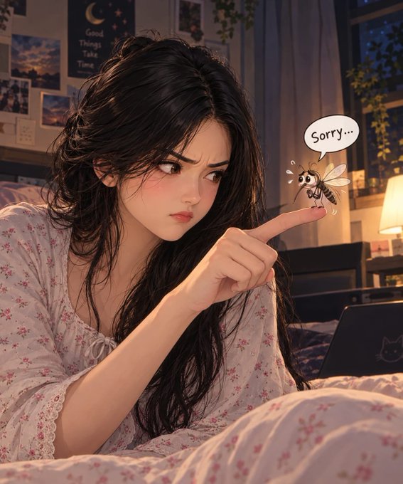 A digital illustration depicts a dark-haired girl in floral pajamas sternly pointing at a crying cartoon bee that has a speech bubble saying 'Sorry...', set in a cozy bedroom.