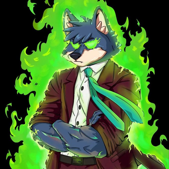 Anime-style illustration of an anthropomorphic wolf or dog character with glowing green eyes, wearing a suit and teal tie, surrounded by green flames.