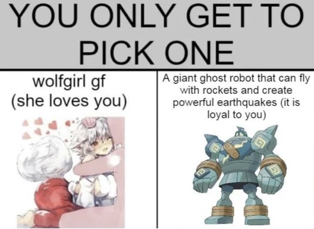 The image is a "You Only Get to Pick One" meme offering two choices: a loving "wolfgirl gf (she loves you)" on the left, or "A giant ghost robot that can fly with rockets and create powerful earthquakes (it is loyal to you)" on the right. The accompanying post references Pokémon ENS (Ethereum Name Service domains like Charizard.eth), using the meme to humorously frame the choice between affection and powerful assets—paralleling the wait for their crypto investment's floor price to rise.