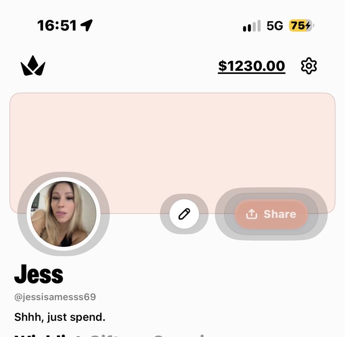 A mobile app screen showing a profile for "Jess" (@jessisamesss69) with the tagline "Shhh, just spend." and a balance of $1230.00.