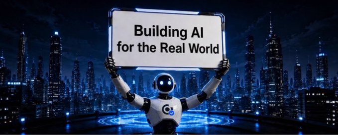 Futuristic illustration of a robot holding up a sign reading 'Building AI for the Real World' against a city skyline at night.