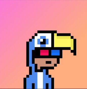 A pixel-art character with a blue and yellow cap wearing sunglasses against a pink-to-orange gradient background.