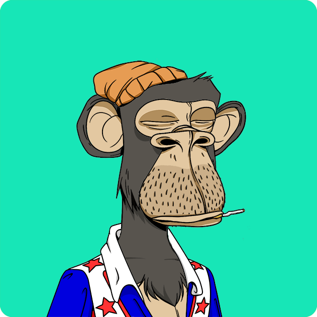 An illustrated cartoon portrait of a Bored Ape character wearing an orange beanie and a blue, star-patterned shirt, holding a cigarette in its mouth.