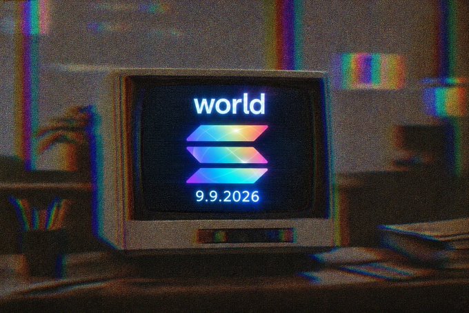 A vintage-style computer monitor displaying the Solana logo with the text 'world' and the date '9.9.2026', set against a retro, glitch-effect room background.