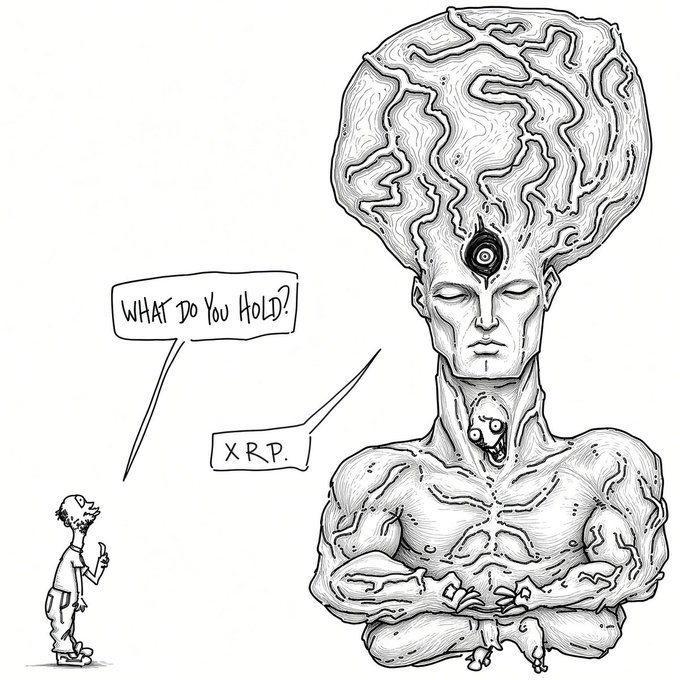 A small, ordinary-looking person points up at a giant, meditating alien-like being with an enlarged brain, asking "WHAT DO YOU HOLD?" to which the cosmic figure calmly responds "XRP." The image humorously suggests that XRP holders are enlightened beings, implying that those invested in the cryptocurrency possess superior wisdom or transcendence compared to average people.
