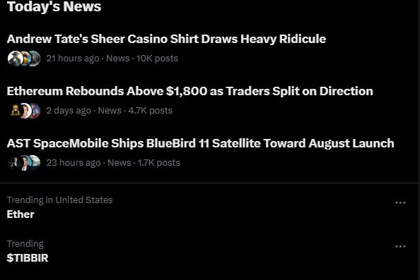 A 'Today's News' feed displaying headlines including 'Andrew Tate's Sheer Casino Shirt Draws Heavy Ridicule' and 'Ethereum Rebounds Above $1,800 as Traders Split on Direction,' with trending topics 'Ether' and '$TIBBIR.'