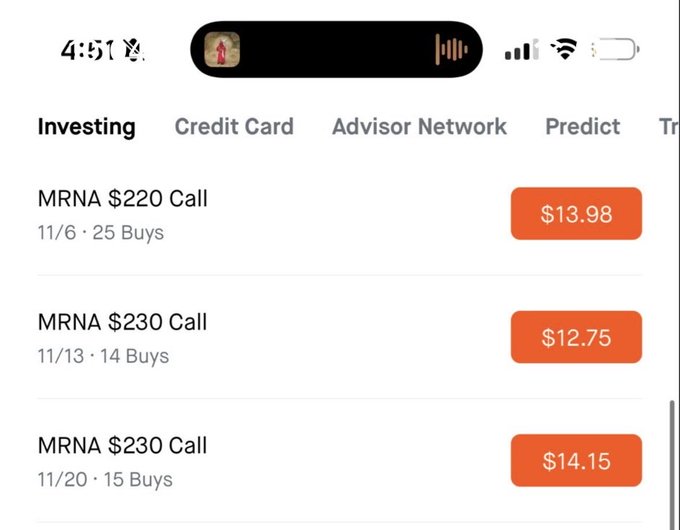 A mobile phone screen displays the "Investing" tab on a brokerage app, showing three MRNA call options: a $220 Call expiring 11/6 priced at $13.98, and two $230 Calls expiring 11/13 and 11/20 priced at $12.75 and $14.15, respectively. The image illustrates the poster's situation, as they mentioned being stuck on an airplane with limited connectivity and unable to access their Robinhood account to manage these MRNA positions.