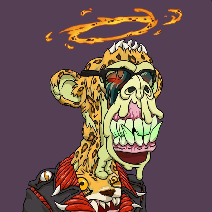 The image features a cartoon monkey wearing sunglasses and a leather jacket with a skull design on its chest. The background of the image is purple, which contrasts with the yellow fur of the monkey. There are also some orange flames scattered around the image, adding an element of danger or excitement to the scene. The caption "If you'r a bayc monkey. But I didn't follow you, that'S my problem. Please leave a message for me to follow Are you a monkey? bored ape yacht club" suggests that there might be some confusion about whether this is a real-life monkey or just an illustration in the image.