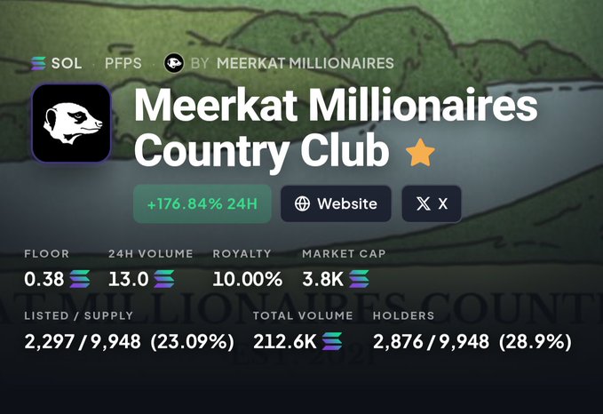 A digital dashboard displaying crypto token statistics for 'Meerkat Millionaires Country Club' on the SOL network, showing a +176.84% 24H gain, a floor price of 0.38, 13.0 volume, 10.00% royalty, and 3.8K market cap.