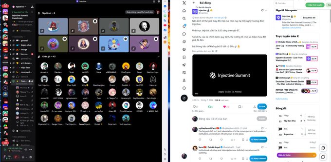 A split screenshot showing a Discord server with various NFT/crypto communities on the left and an Injective Summit announcement with Vietnamese text and cryptocurrency market data on the right.
