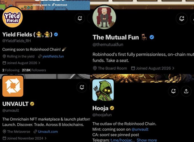 Four social media profile screenshots including 'Yield Fields' (@YieldFields_RH) with 27.8K followers announcing launch on Robinhood Chain, 'The Mutual Fun' (@themutualfun), 'UNVAULT' (@unvault), and 'Hooja' (@hoojafun).