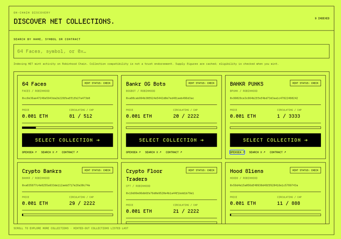 A neon green webpage titled 'DISCOVER NFT COLLECTIONS' displaying various NFT projects like '64 Faces', 'Bankr OG Bots', and 'Crypto Bankrs' with prices listed in ETH.