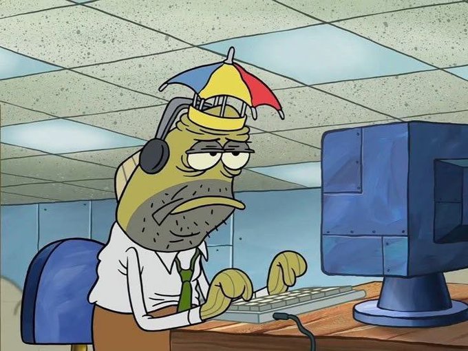 A weary, gray-skinned cartoon fish character wearing headphones, a small umbrella hat, and a white shirt with green tie sits hunched over a keyboard in a drab cubicle, staring blankly at a monitor.

The image poignantly mirrors the post's message about quiet perseverance in Web3, depicting the exhaustion and hidden effort behind building a "better future" while putting on a brave face—capturing the loneliness of someone working unseen, waiting for acknowledgment that their efforts are recognized.